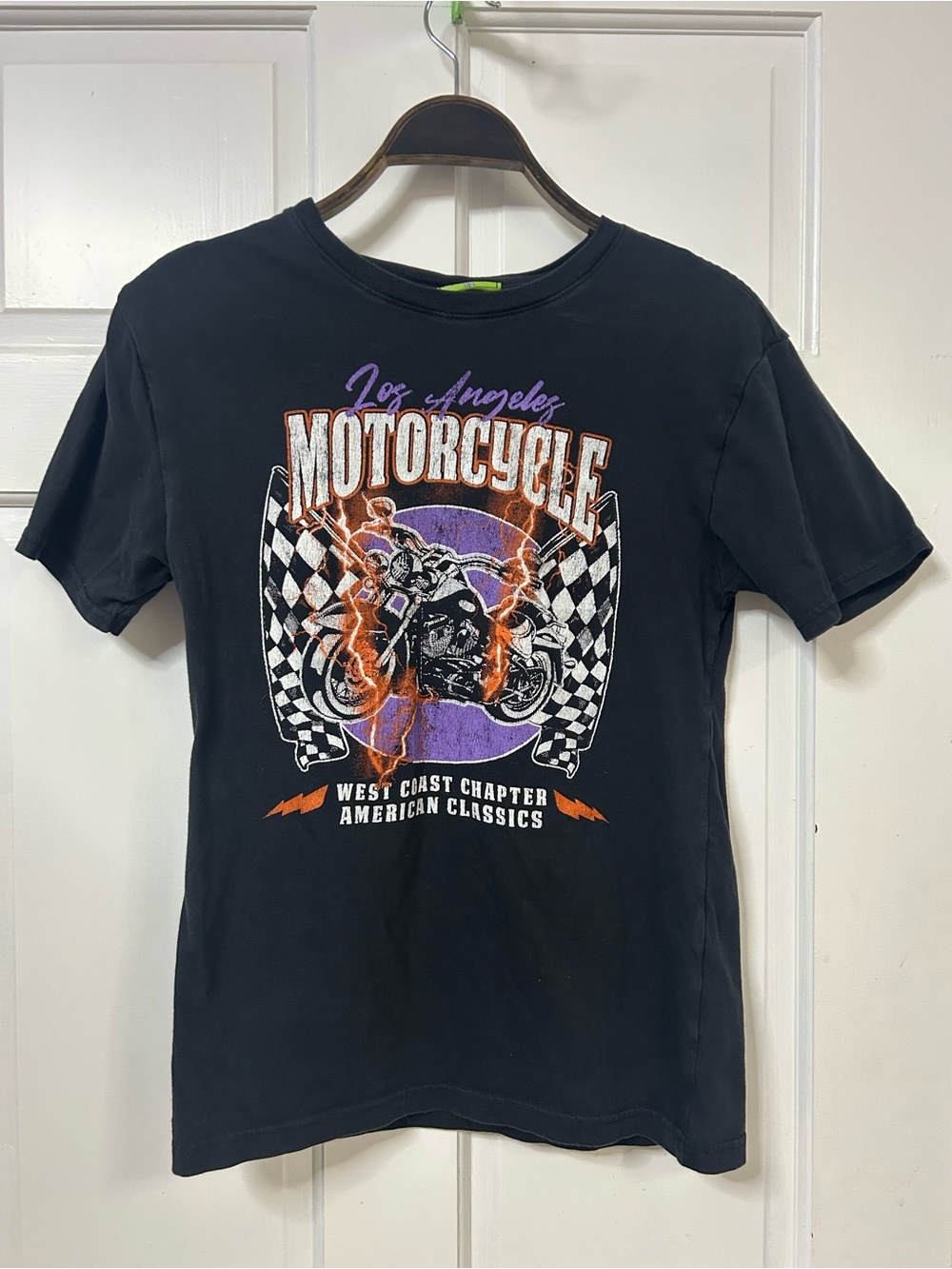 Simple Black Motorcycle Graphic Tee with Purple & Orange Accents